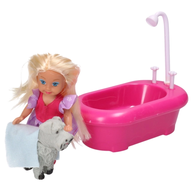 Mini Set Puppe mit Badewanne und weißem Hündchen