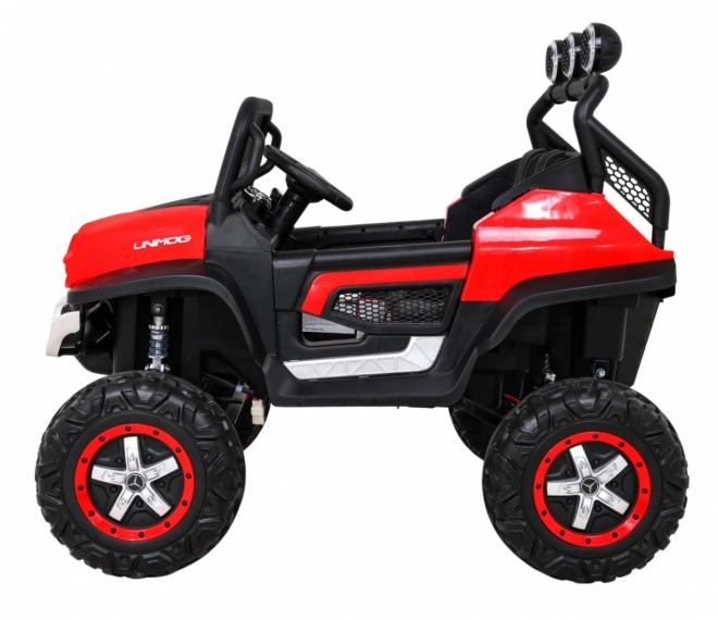 Mercedes Benz Unimog für Kinder Rot + 4x4 + Fernbedienung + Gepäckträger + langsamer Start + MP3 LED