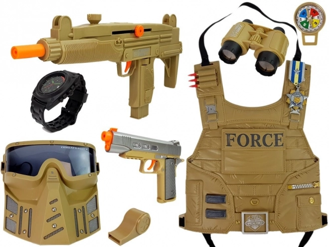 Militärisches Spielset mit Gewehr, Maske, Fernglas, Weste und Kompass