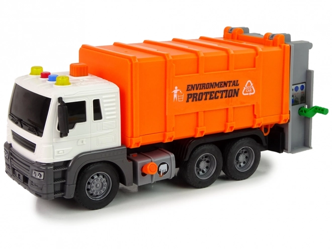 Friktionsbetriebener Müllwagen mit Soundeffekten, Orange, 1:16