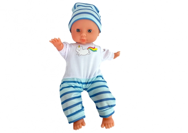 Puppenbaby in blau gestreiftem Schlafanzug 30 cm