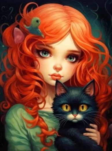Diamantmalerei Rothaarige mit schwarzer Katze 30x40cm