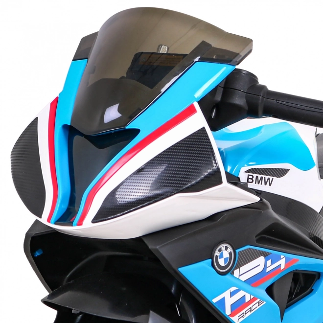 BMW HP4 Kinder Motorrad mit Batterie Blau + 3 Räder + LED + MP3 USB + Öko-Leder
