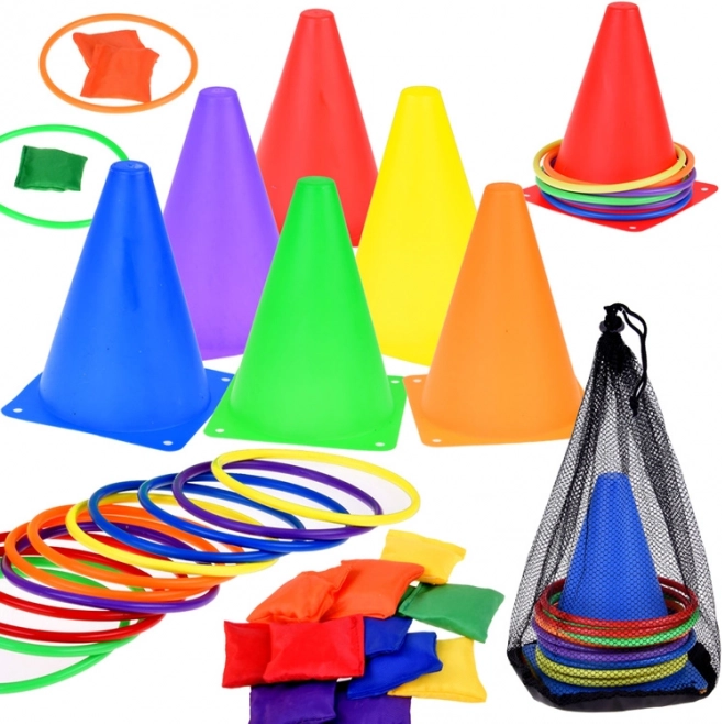 Spielset Kegel, Reifen und Beutel für Kinder