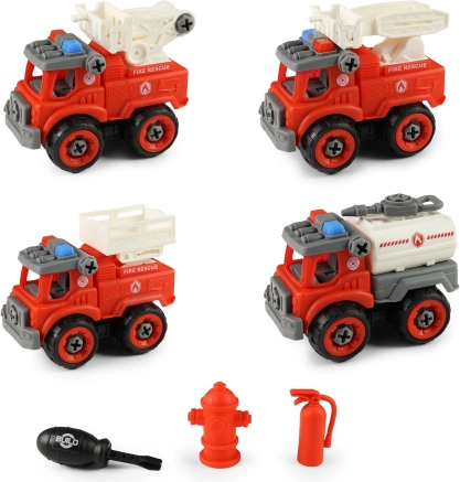 Set aus schraubbaren Feuerwehrfahrzeugen mit Zubehör