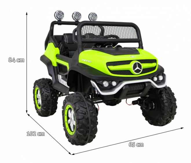 Mercedes Benz Unimog für Kinder Grün + Antrieb 4x4 + Fernsteuerung + Kofferraum + langsamer Start + MP3 LED