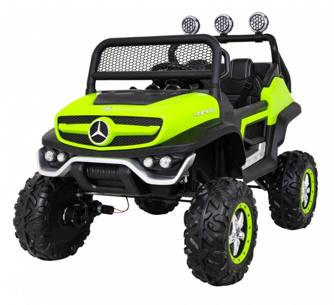 Mercedes Benz Unimog für Kinder Grün + Antrieb 4x4 + Fernsteuerung + Kofferraum + langsamer Start + MP3 LED