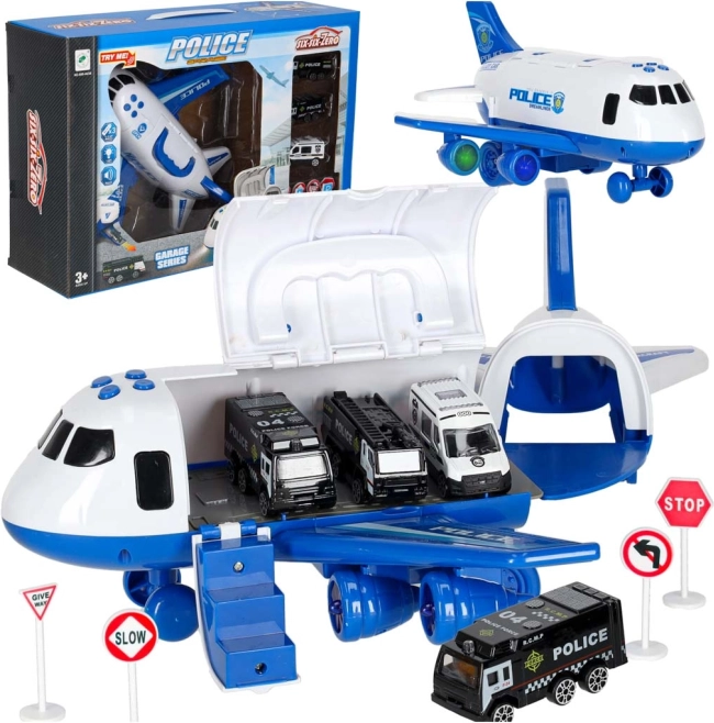 Transportflugzeug und 3 Polizeiautos