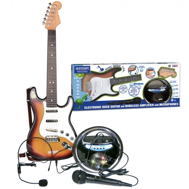 Elektrische Rockgitarre mit Verstärker, Mikrofon und Headset