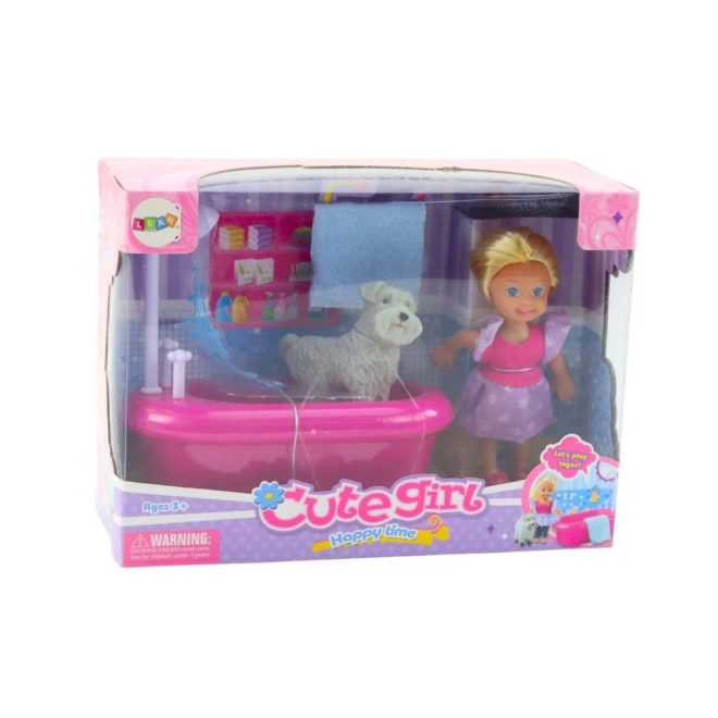 Mini Set Puppe mit Badewanne und weißem Hündchen