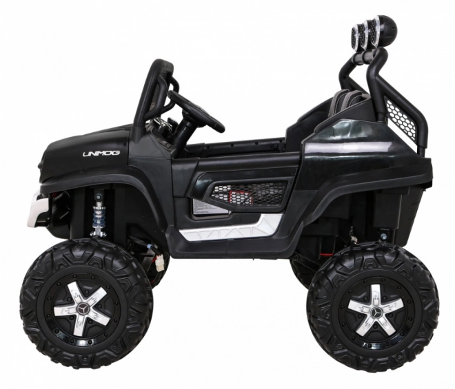 Mercedes Benz Unimog für Kinder schwarz + Antrieb 4x4 + Fernbedienung + Kofferraum + langsamer Start + MP3 LED