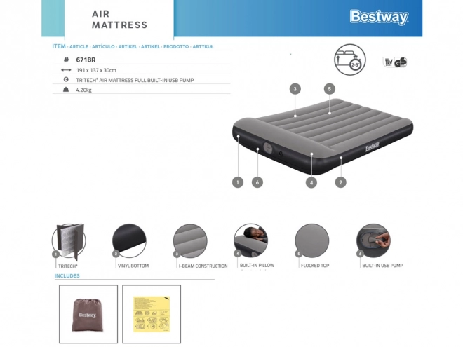 Bestway Doppelluftmatratze Tritech mit integrierter USB-Pumpe