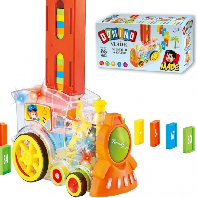 Transparente Lokomotive mit Dominosteinen und Licht für Kinder