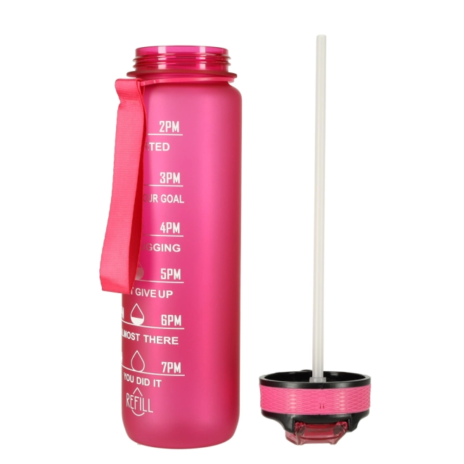 Rosa Wasserflasche mit Trinkhalm und Motivationsmarkierungen 1L