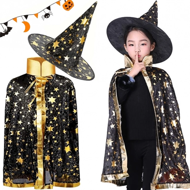 Kinder-Hexenkostüm mit Sternen – Umhang und Hut für Halloween