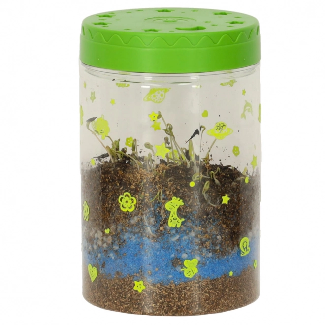 Terrarium zum Pflanzenanbau mit LED-Lampe und Dinosauriern