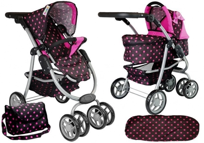 Puppenwagen 2 in 1 mit Tasche Schwarz-Pink