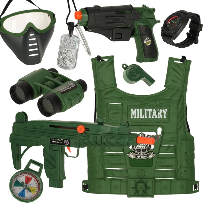 Militärset mit Weste, Gewehr und Fernglas