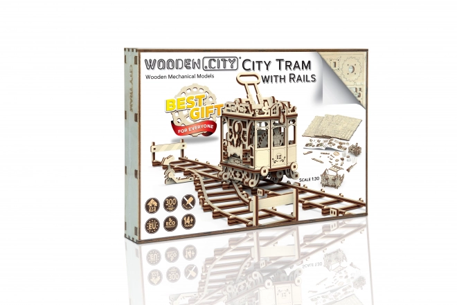 Holz Mechanisches 3D-Puzzle Stadtstraßenbahn mit Schienen