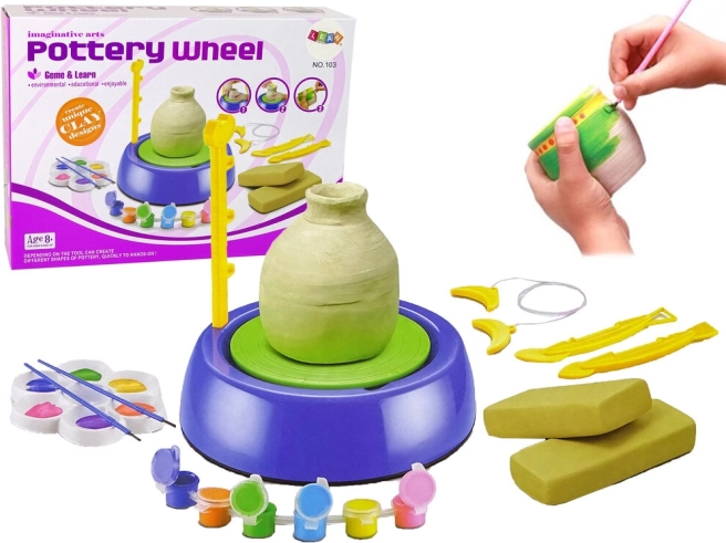 Kinderset für die Töpferscheibe mit Ton und Farben