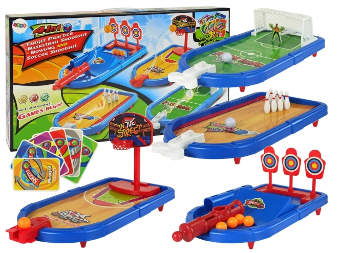 4-in-1 Geschicklichkeitsspiele Set: Basketball, Fußball, Darts und Kegeln