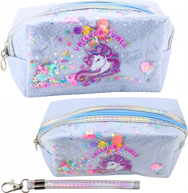 Märchenhaftes Schulmäppchen mit Einhorn und Konfetti, blau, 20 cm
