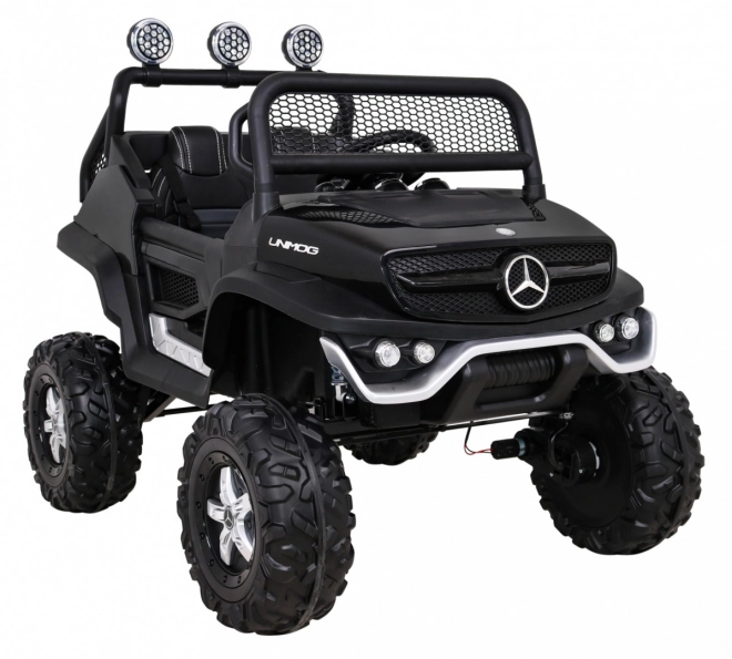 Mercedes Benz Unimog für Kinder schwarz + Antrieb 4x4 + Fernbedienung + Kofferraum + langsamer Start + MP3 LED