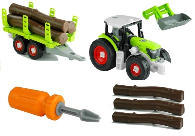 Traktor zum Zerlegen mit Anhänger und Holz