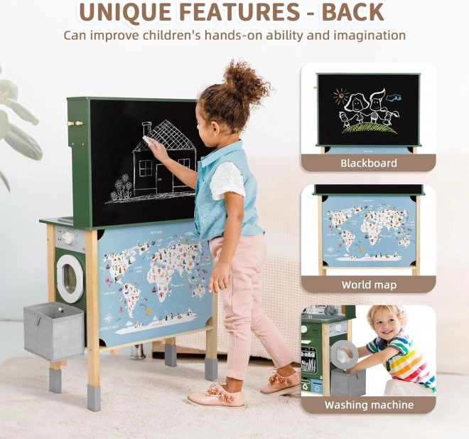 Interaktive Holzküche 9in1 mit Waschmaschine und Tafel Woopie Green