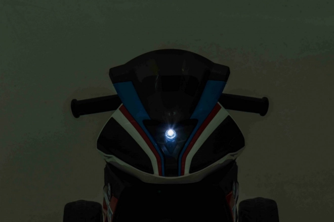 BMW HP4 Kinder Motorrad mit Batterie Blau + 3 Räder + LED + MP3 USB + Öko-Leder