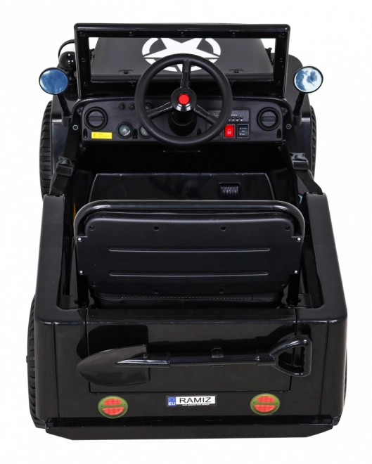 Retro Militärfahrzeug für Kinder schwarz + Allradantrieb 4x4 + Fernbedienung + 2 Gepäckträger + langsamer Start + MP3 LED
