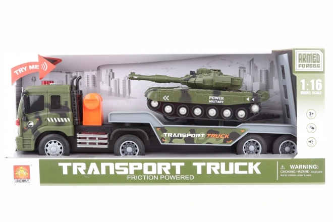 Leuchtender Militär-LKW mit Panzer