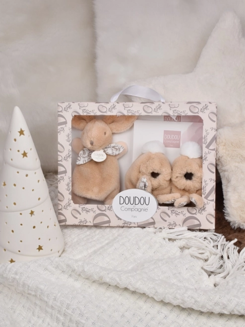Doudou Geschenkset - Plüschhase und Schühchen in Beige