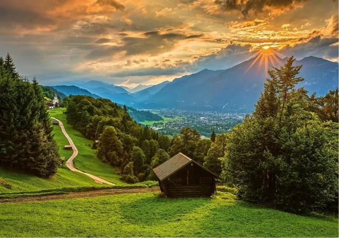 Schmidt Puzzle Sonnenuntergang über dem Bergdorf Wamberg 1500 Teile