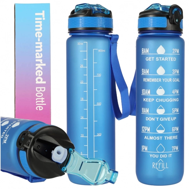 Trinkflasche mit Strohhalm und Motivationsmarkierung 1L Blau