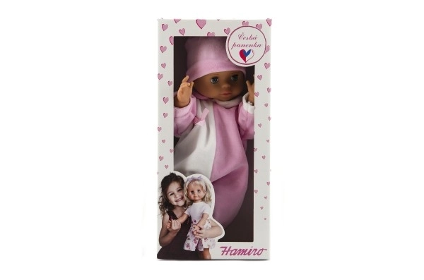 Süßes Hamiro-Baby mit festem Körper, weiß-rosa Overall und rosa Mütze