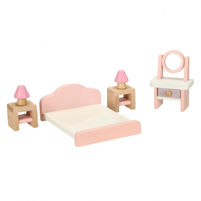 Puppenhausmöbelset für Wohnzimmer, Schlafzimmer, Badezimmer und Küche, aus Holz, rosa