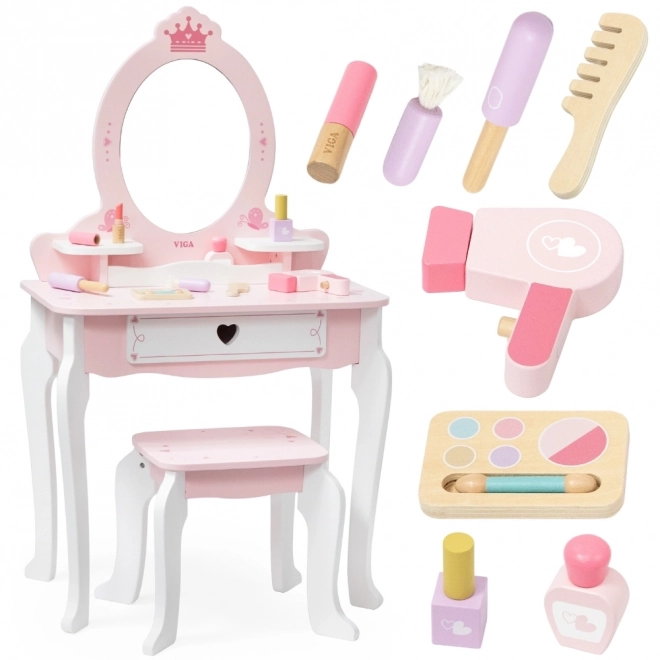 Viga großes Holz-Toilettenmöbel weiß-rosa mit Spiegel und Stuhl