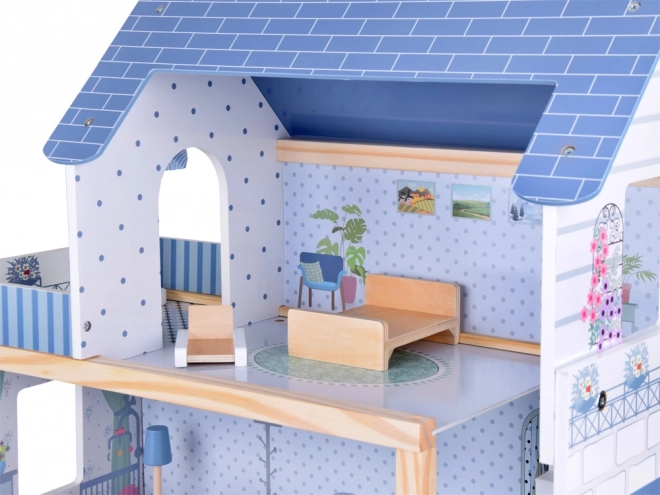 Holzpuppenhaus Blau Mit 3 Etagen Und Möbeln