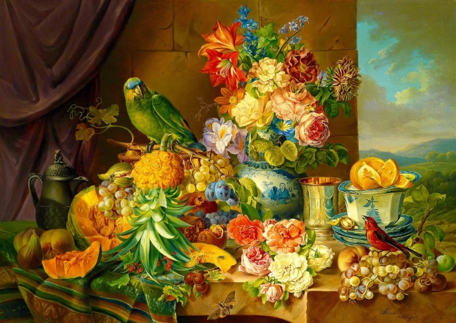 Puzzle Stillleben mit Blumen, Früchten und Papagei 1000 Teile