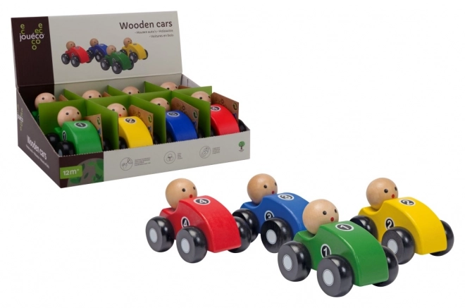 Holzrennwagen in vier Farben