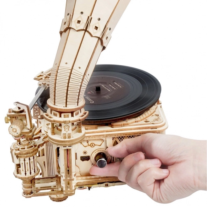 Mechanisches 3D-Holzpuzzle Grammophon mit elektrischem Antrieb von RoboTime