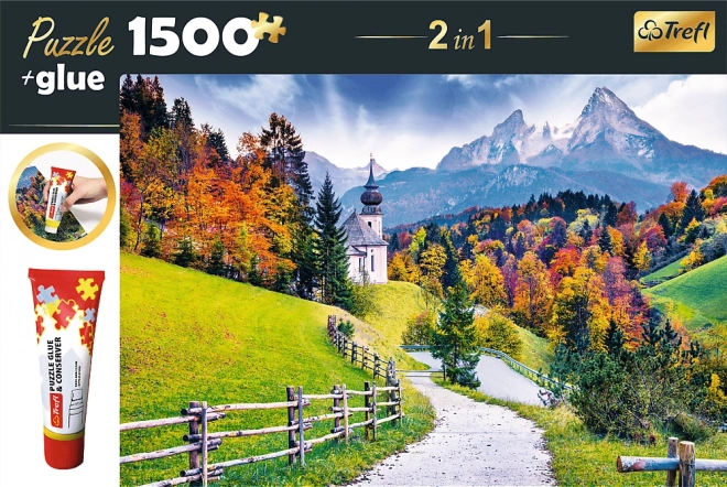 Trefl 2-in-1 Puzzle-Set Maria Gern Kirche, Bayern 1500 Teile mit Kleber