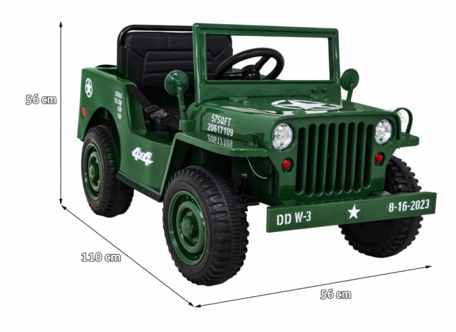 Retro Militärfahrzeug für Kinder grün + Allradantrieb 4x4 + Fernsteuerung + 2 Gepäckträger + langsamer Start + MP3 LED