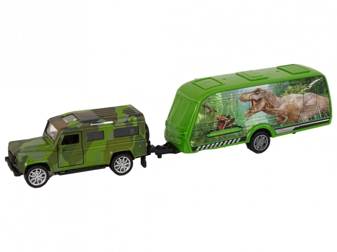 Spielzeugauto Jeep mit Anhänger und Dinosauriern