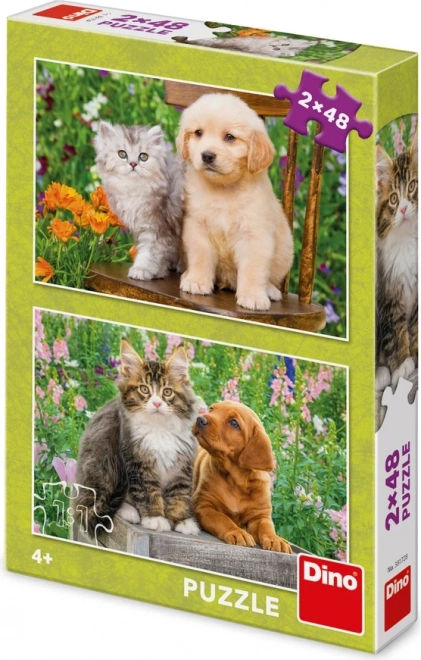 Dino Puzzle Hund und Katze im Garten - 2x48 Teile