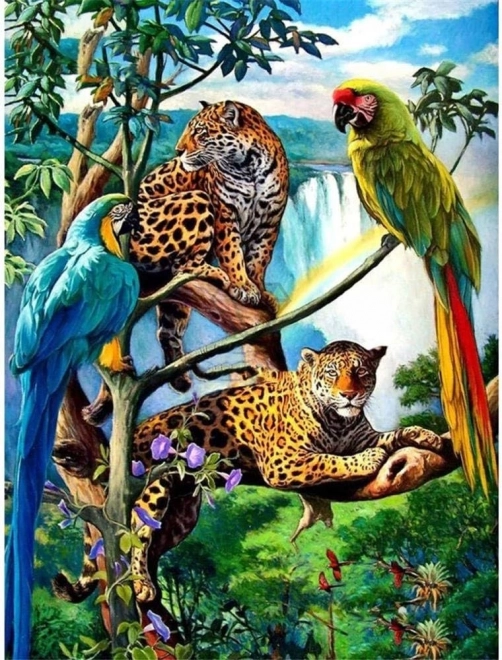 Diamantmalerei Papageien und Leoparden