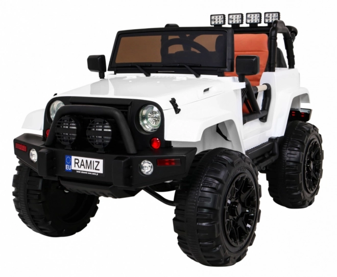 Weißer Kinder-Geländewagen auf Batterien + Fernsteuerung + Lichter und Geräusche