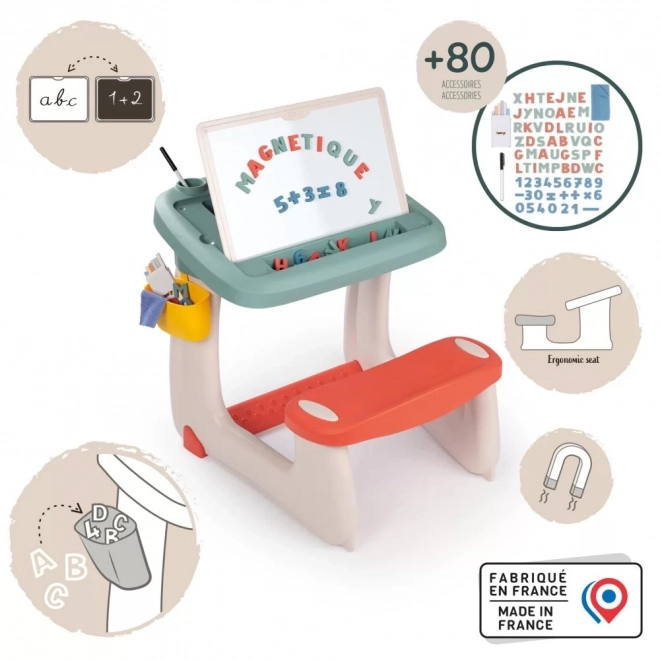 Smoby beidseitiger Kinderschreibtisch mit Sitzbank und Tafel 2-in-1 + 80 Zubehörteile