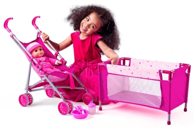 Puppe Baby mit Kinderwagen und Bettchen - 4-in-1-Spielset